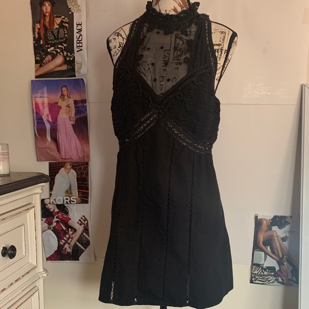 FREE PEOPLE Elegant Black Lace Halter Dress